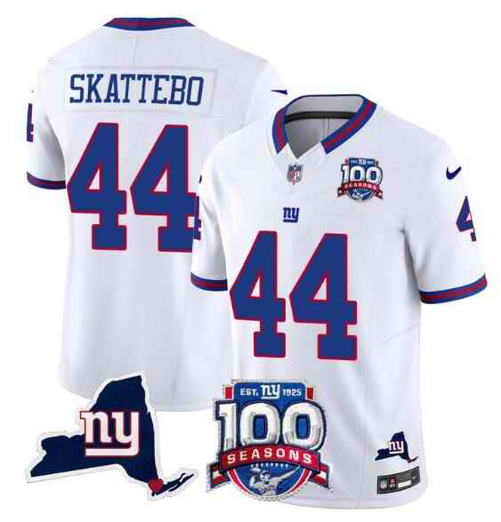 Men's New York Giants #44 Cam Skattebo White 2025 Draft F.U.S.E. 100th Season & State Patch Vapor Limited Stitched Football Jersey